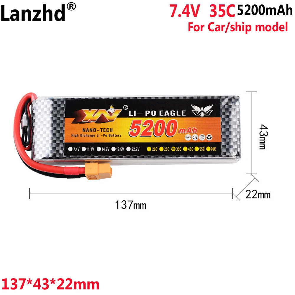 Car model Ship model Ship battery 7.4V 5200mAh 35C 2S polymer RC climbing car ship model power lithium battery