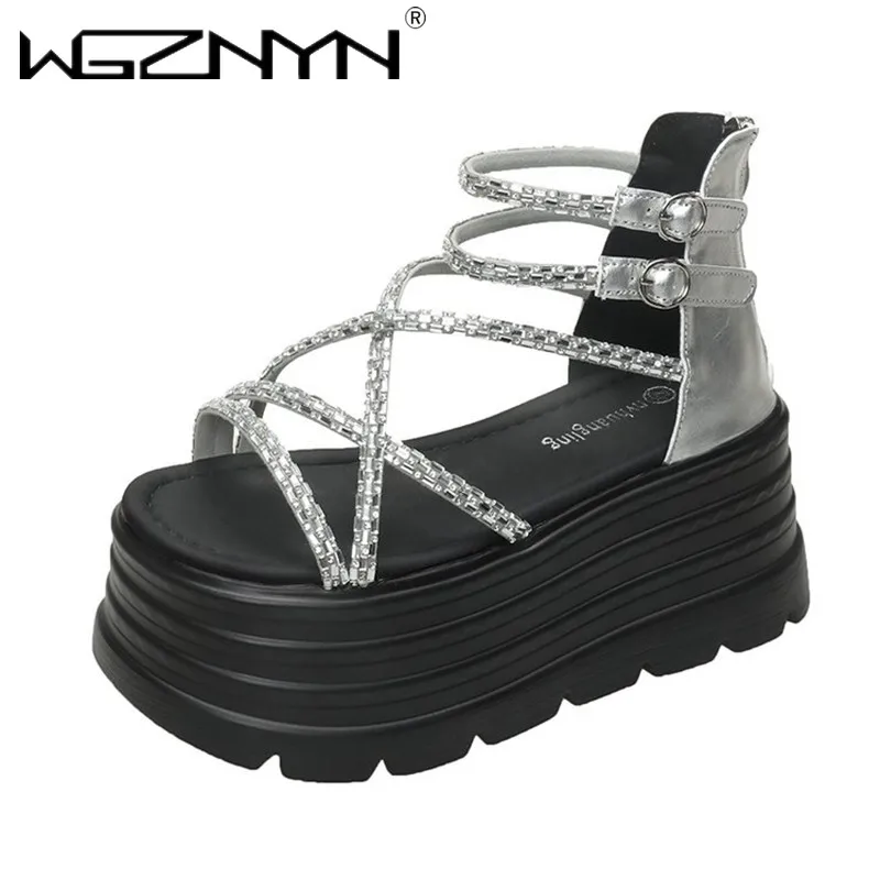 

Luxury 8CM Platform Sandals Women 2025 Summer Fashion Non-slip High Heels Narrow Band Sandals Ladies Open-toed Roman Beach Shoes