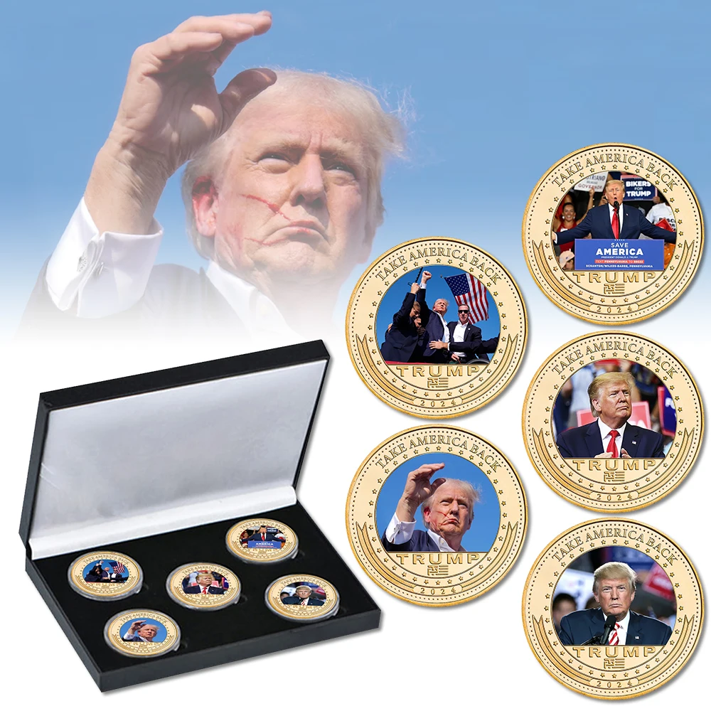 5pcs 2024 Donald Trump Campaign Attack Commemorative Coin Set Take America Back Challenge Coins US  Souvenir Gifts for Supporter