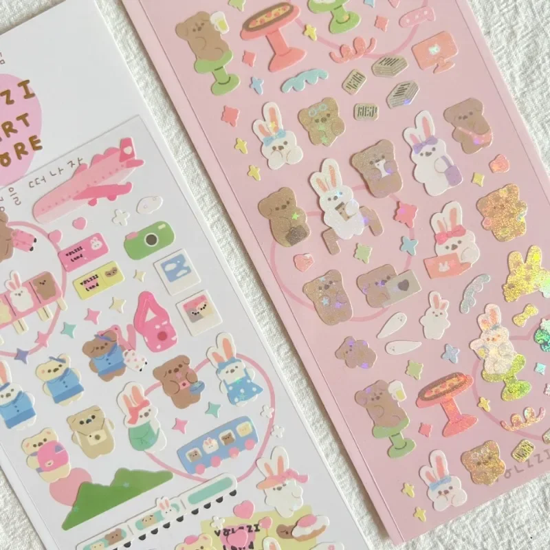 Pegatinas coreanas Kawaii de oso y conejo con borde plateado, pegatinas de juguetes clásicos DIY, decoración para niños, papelería de trébol de la suerte