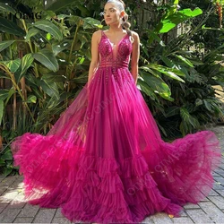 OIMG Shiny Fuschia Tulle Shiny Evening Dresses V Neck Lace Sleeveless Ruched DUbai Wedding Dress Bride Prom Gowns Vestidos