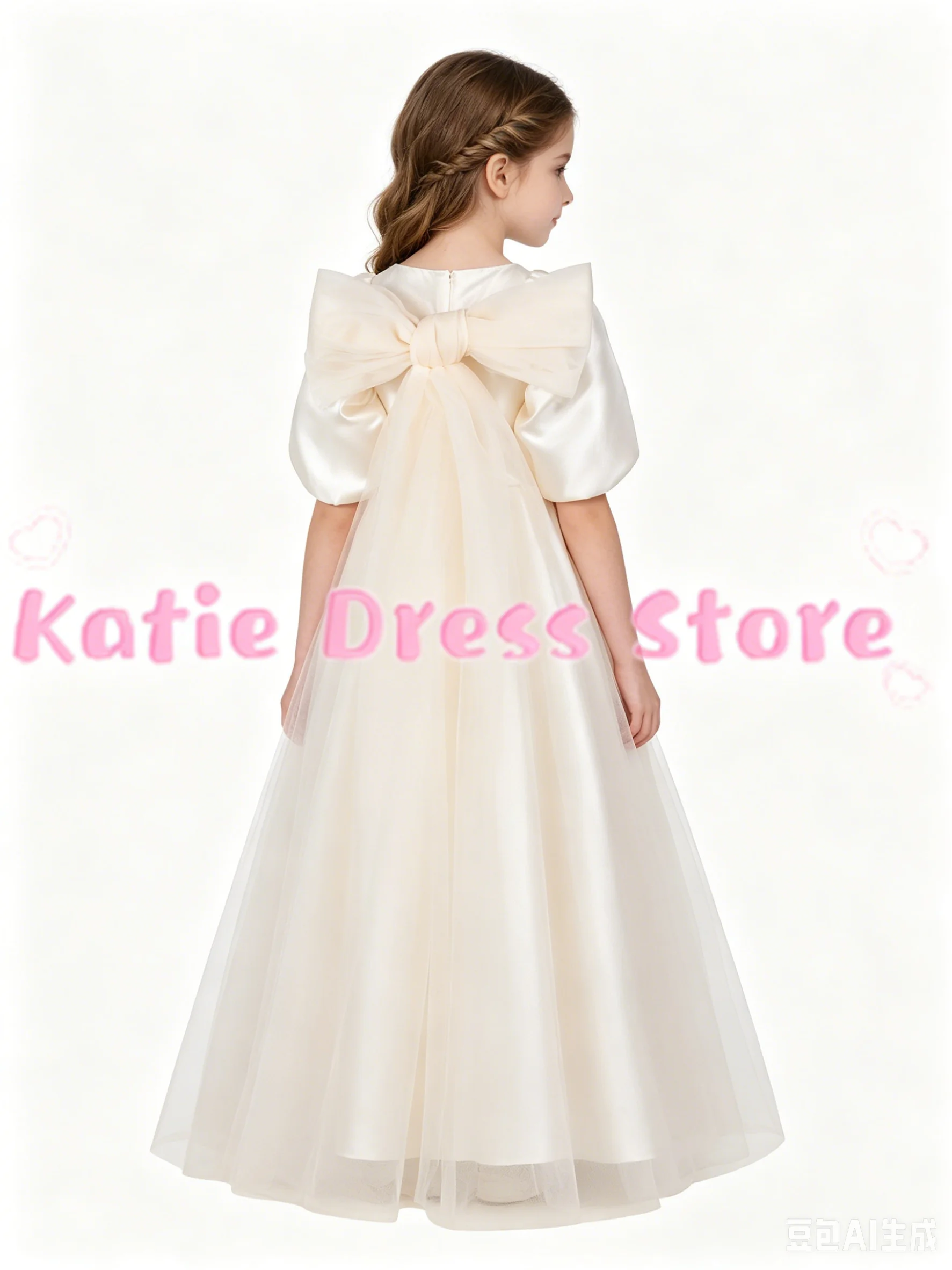 Maßgeschneidertes elfenbeinfarbenes Blumenmädchenkleid für die Hochzeit, halbe Ärmel, hohe Taille mit Schleife, für Kindergeburtstag, Erstkommunion, Ballkleider ﻿