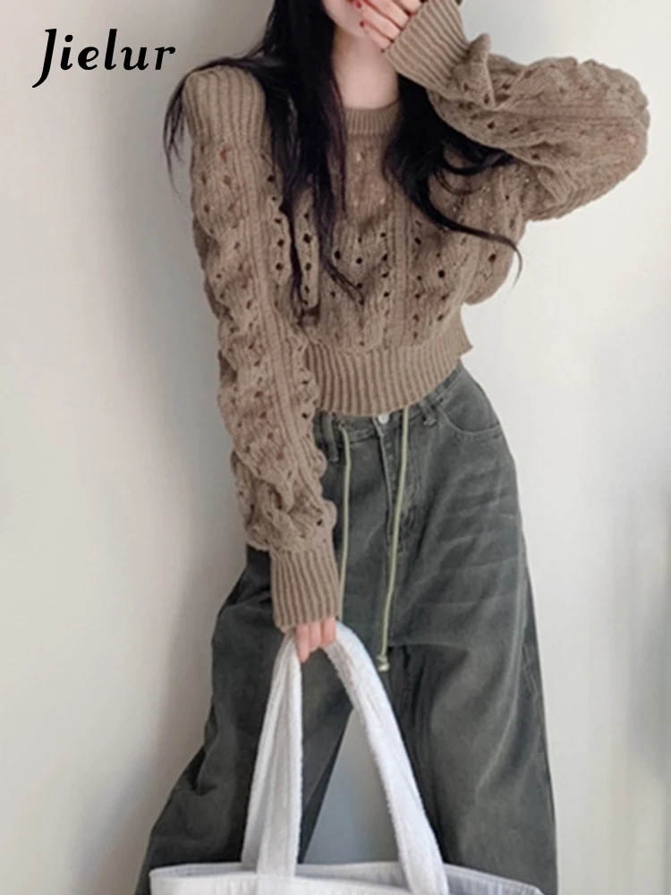 Jielur Autumn New Solid Color Slim Chic Pullovers Woman Sweet Ladies Street Hollow Out Pullovers Female Coffee White Fashion Top