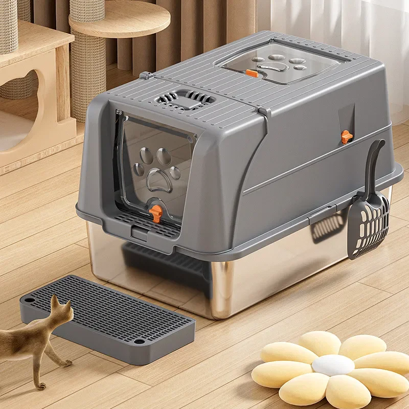 Large Stainless Steel Cat Litter Box Fully Enclosed Splash Proof Removable Tray Easy Clean Semi Open Pet Toilet House for