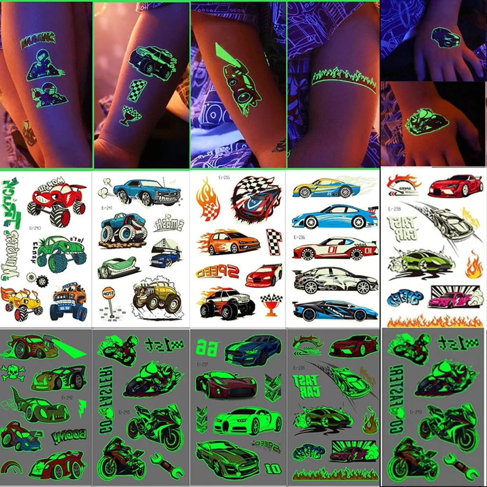 12 Sheets Hot Wheels Party Decorations Racing Luminous Sticker Hot Wheels Tattoo Prize Wheel Boy Race Car Party Favors Gifts