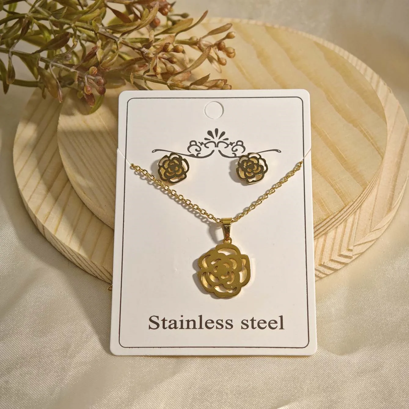 Stainless Steel Apple Rose Flower Frosted Texture Pendant Necklace Earring Sets for Women Gold Plated Waterproof Jewelry Set