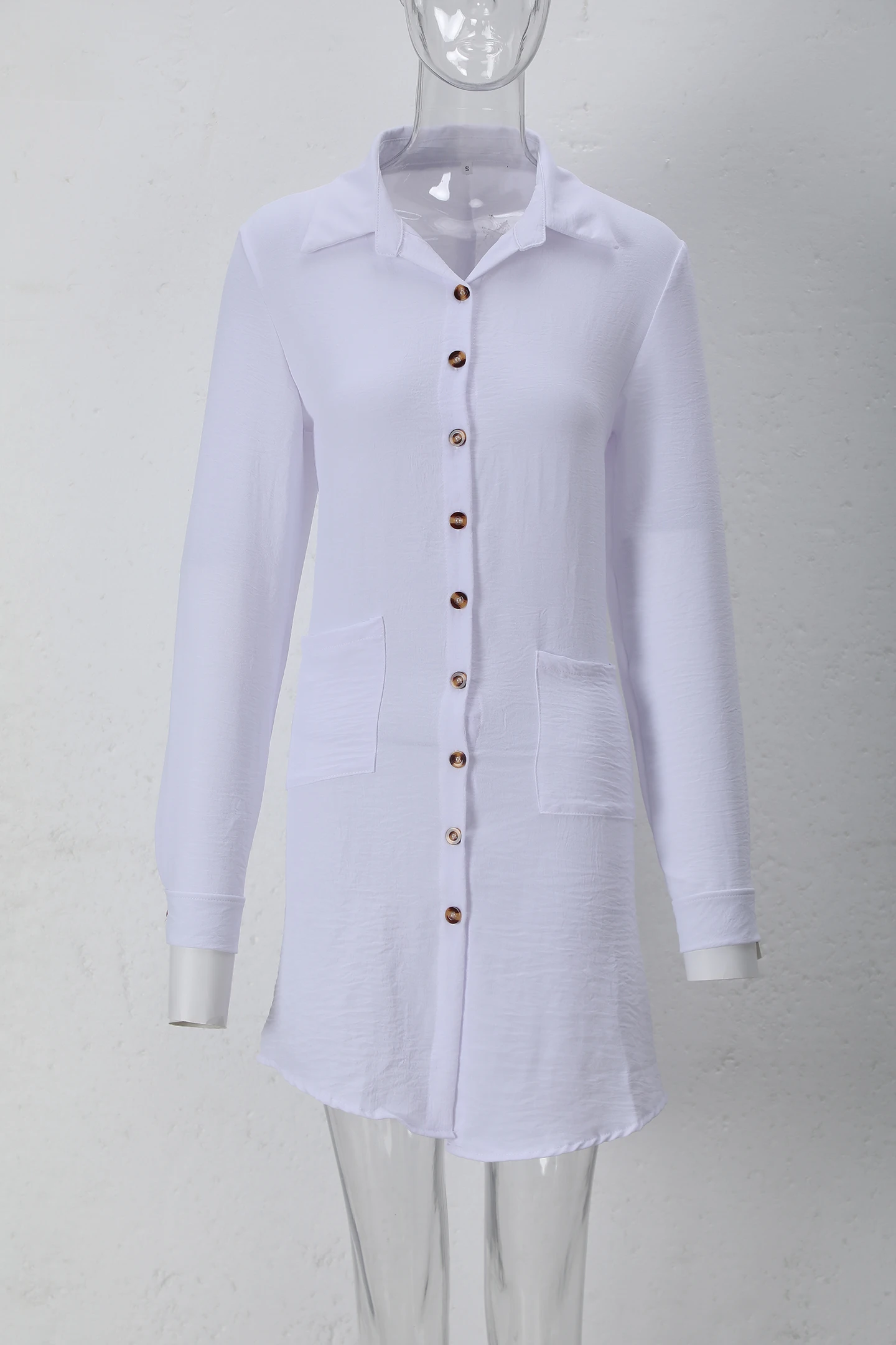 Frühling Sommer Damen Hemdkleid mit Umlegekragen, Locker Geschnittenes Übergroßes Midi-Kleid mit Knopfleiste und Seitentaschen, Lässiges Strandkleid – Detail 30