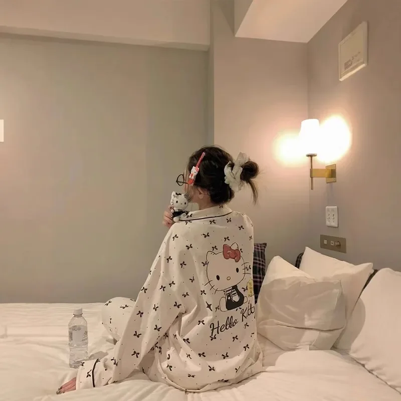 

Белые пижамы Hello Kitty, новые осенние брюки с длинными рукавами, комплект из двух предметов из чистого хлопка, женская домашняя одежда с милым рисунком Hello Kitty