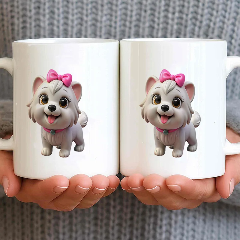Cute White Puppy With Pink Bow Print Ceramic Coffee Mug, 11oz 350ml Colorful Print Mug, Personalized Custom Mug, Microwave Safe,