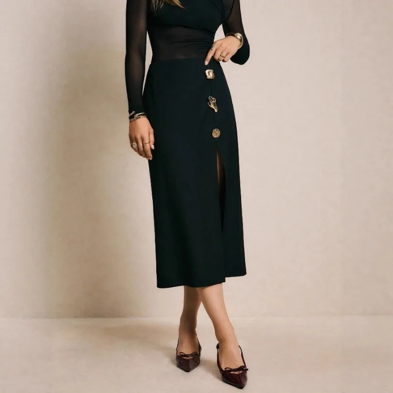 

Женская черная юбка миди с высокой талией, боковым разрезом и декоративными пуговицами, элегантная офисная одежда
