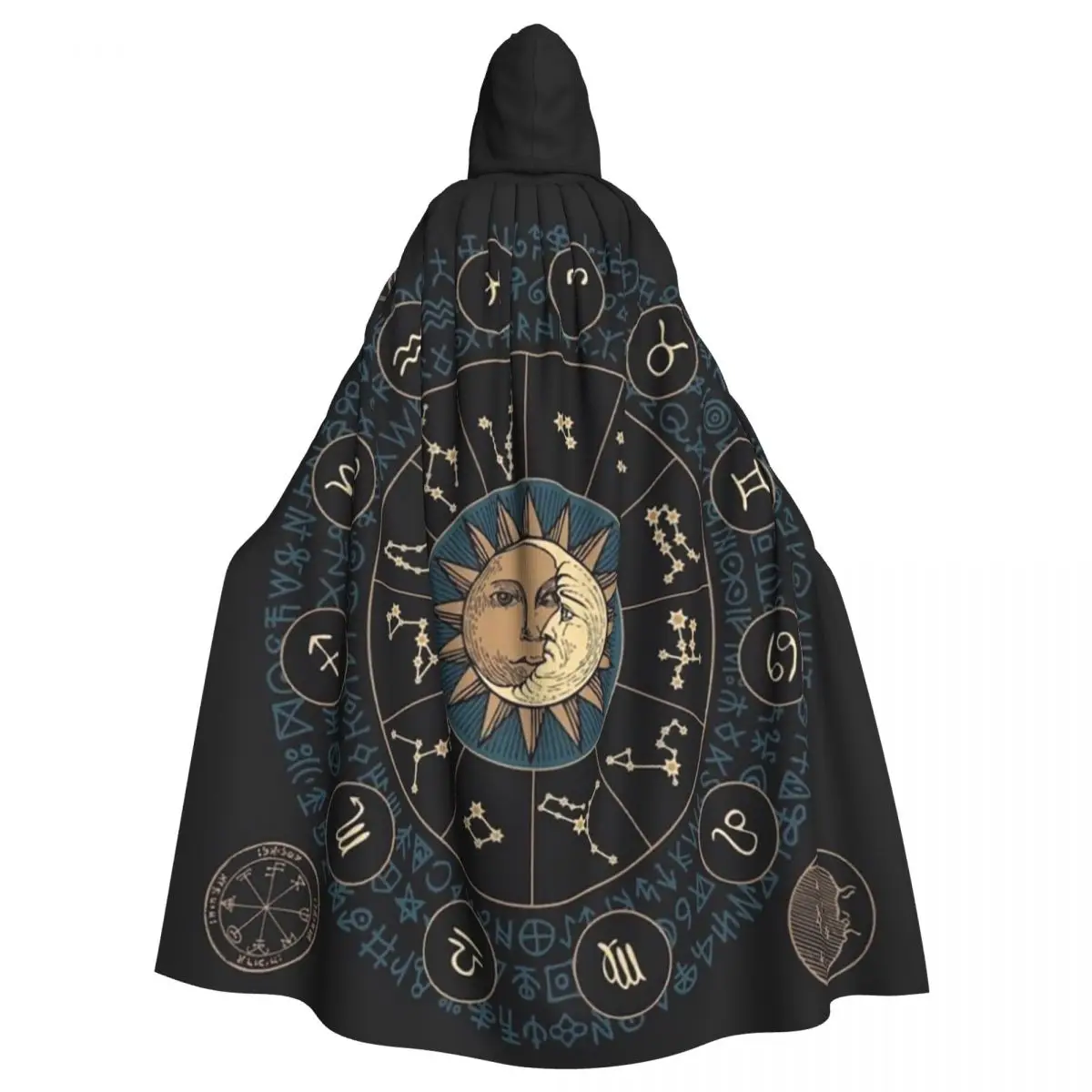 Horoscope Wheel With Zodiac Signs Long Hooded Cloak Witch Medieval Costume Cosplay Cape HalloweenParty Adult Unisex