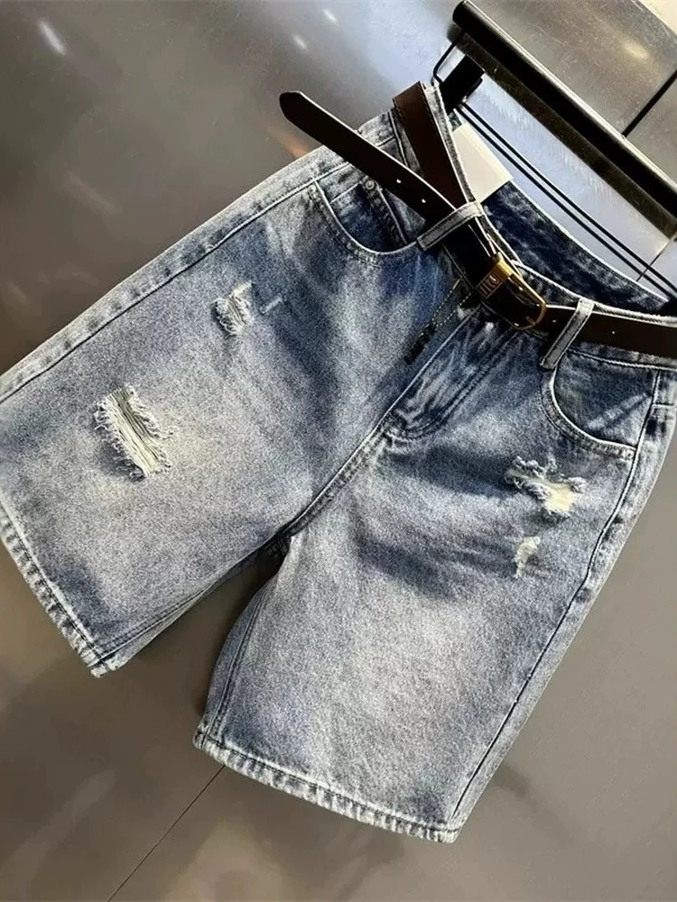 Denim Shorts Five Point Ripped Straight Fit Women Summer Lightweight 2026 New Plus Size Curvy High Waist Slimming Flared Pants