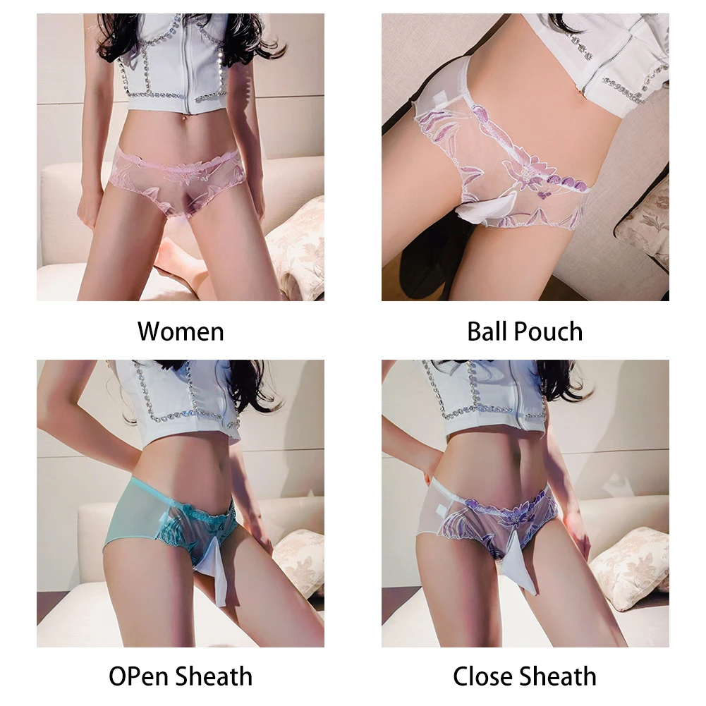 Open Butt Erotic Panties Sissy Man Transparent Lace Floral Underwear See Through Underpants Gay Penis Sheath Pouch Underwear