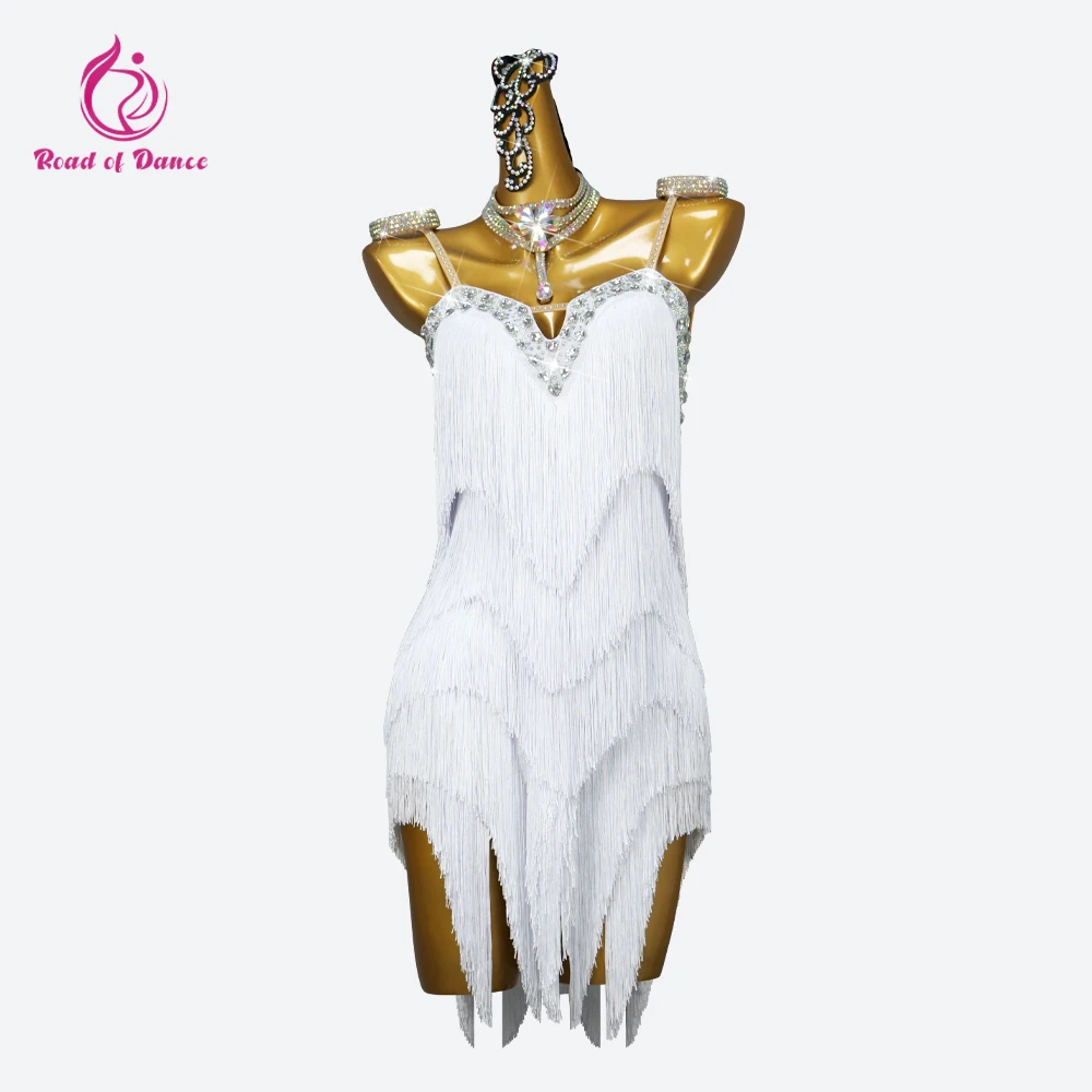 

Latin Dance Costume Women's White Line Prom Evening Sports Party Dress Elegant Girl Suit Samba Outfit Kids Stage Fringe Clothing