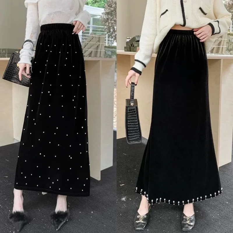 Autumn and Winter Gold Velvet Half Skirt New Full Bead Split A-line Long Skirt Versatile High Waist and Hip Hugging Chic Skirt