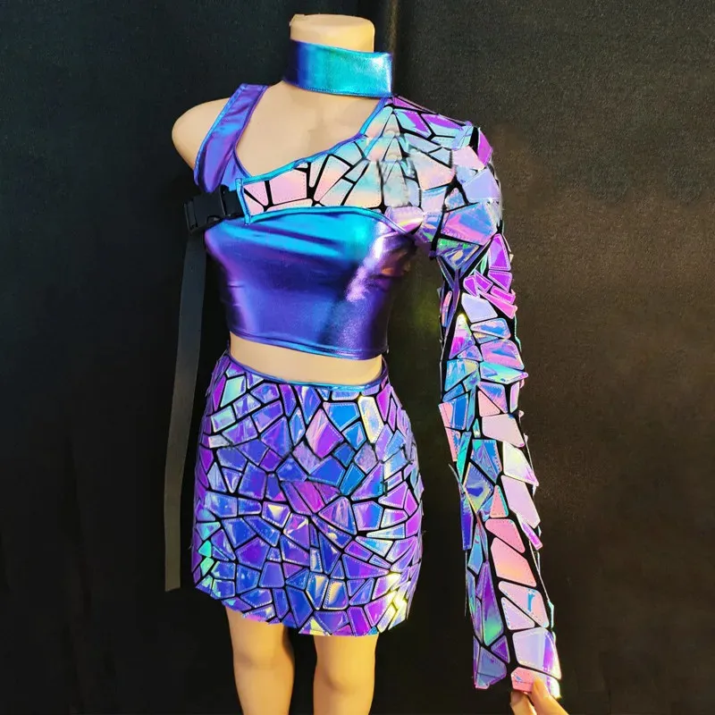 Purple Blue Laser Mirror Vest Mini Skirt Dance Costume Bar Nightclub DJ Gogo Dancer Sexy Stage Wear Club Party Festival Clothing