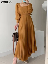 Elegant Long Lantern Sleeve Dress VONDA 2023 Fashion Women Sexy Square Collar Pleated Long Dresses Belted Solid Maxi Robe Femme