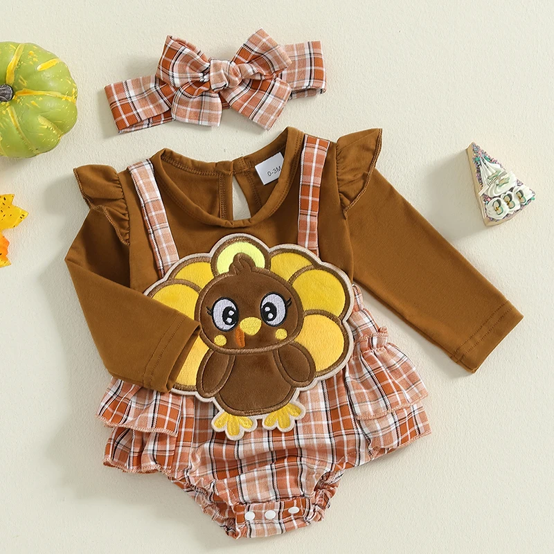 

Baby Girl Thanksgiving Romper Long Sleeve Crew Neck Turkey Embroidery Plaid Jumpsuit with Bow Headband