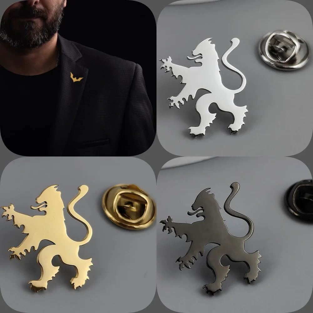 Insignia de León de acero inoxidable chapado en oro, broche de cuello de traje, Pin de solapa negro plateado, accesorios de vestir para hombres