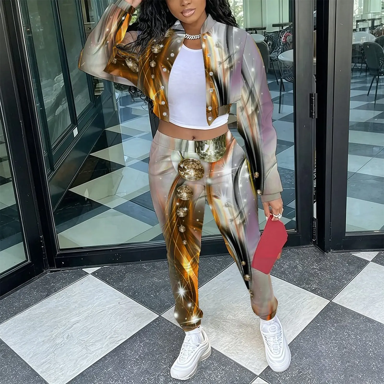 Female Fashion Two‑Piece Set Retro Long Sleeve Stand Collar Jacket  Slim Fit Long Pants Ladies Everyday Commuting Elegant Outfit
