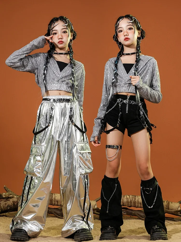 

Детская уличная одежда в стиле хип-хоп, серебряная куртка с пайетками, черные шорты на молнии, серебряные штаны для девочек, уличная одежда, одежда для джазовых танцев