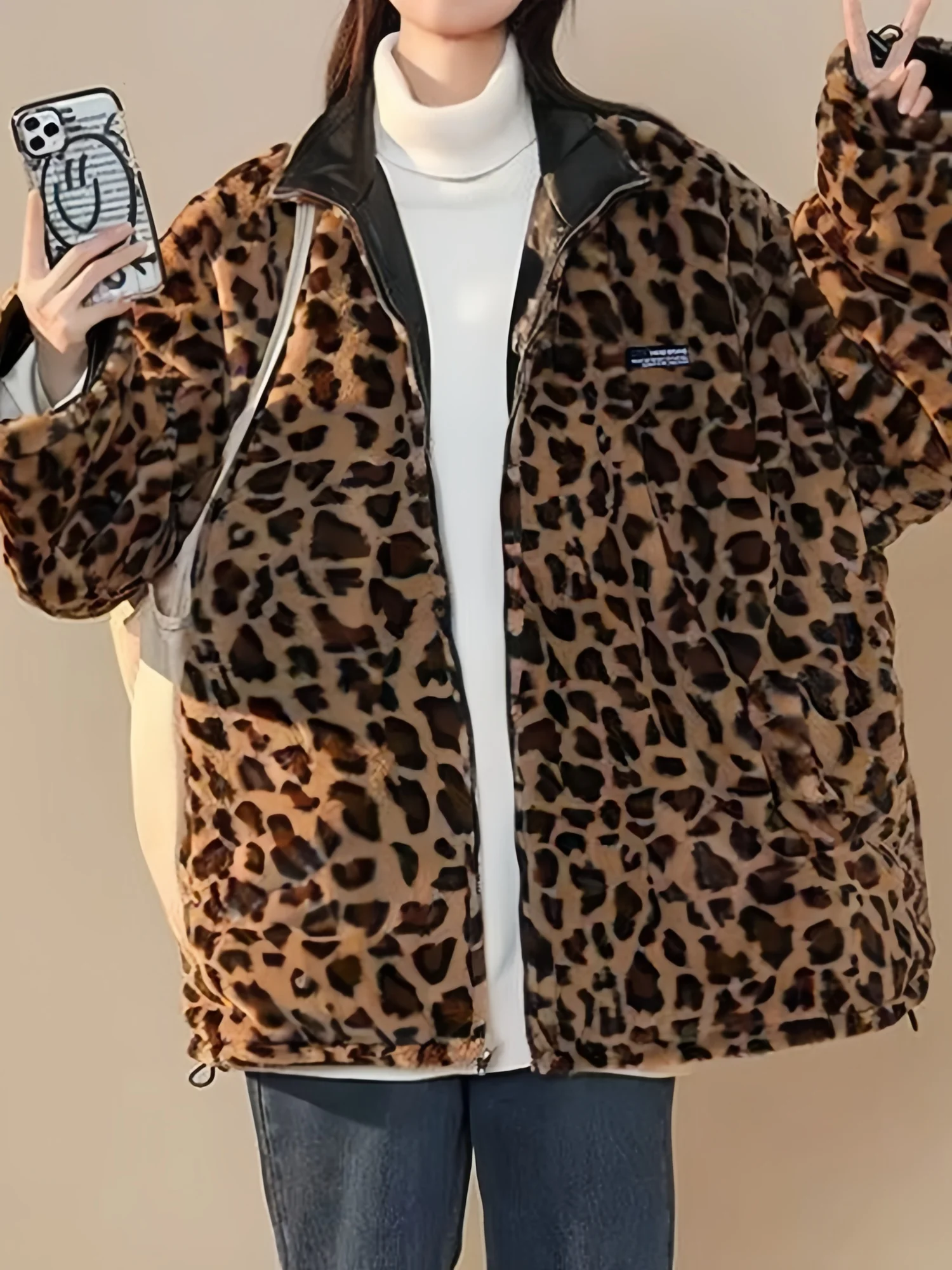 2025 패션 레오파드 자켓 느슨한 편안한 긴 소매 양면 착용 지퍼 자켓 코트 여성 가을 ​​겨울 의류