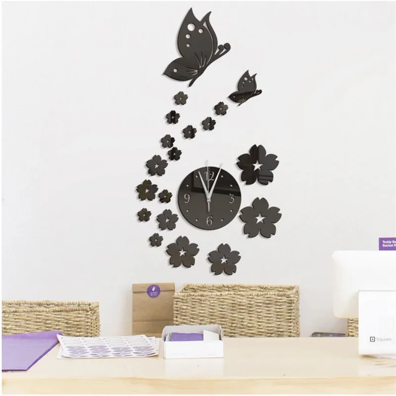 Creative 3D Wall Clock Vintage Home Decoration Acrylic Wall Mirrors Stickers Living Room Decor Butterfly and Flower Mute Clocks