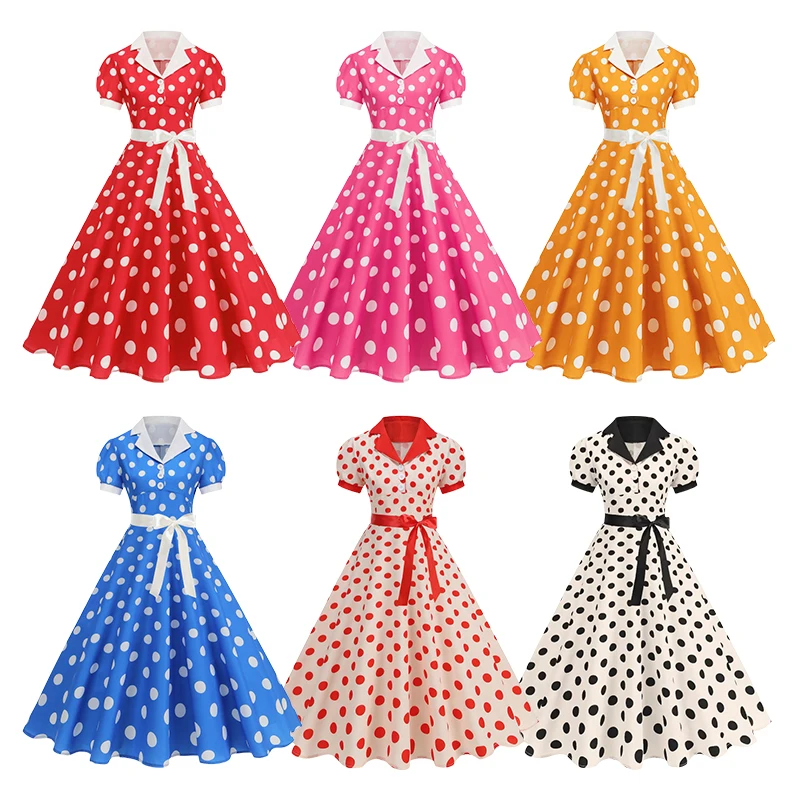Vintage Polka Dot Sommerkleid Damen 1950er 60er Jahre Kerbkragen Kurzarm Gürtel Elegante Retro Kleidung Party Casual Kleid Neu