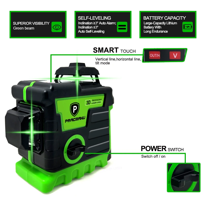 Pracmanu Laser Level 12 Lines 3D Laser Level Self-Leveling Horizontal and Vertical Cross Super Powerful Green Beams