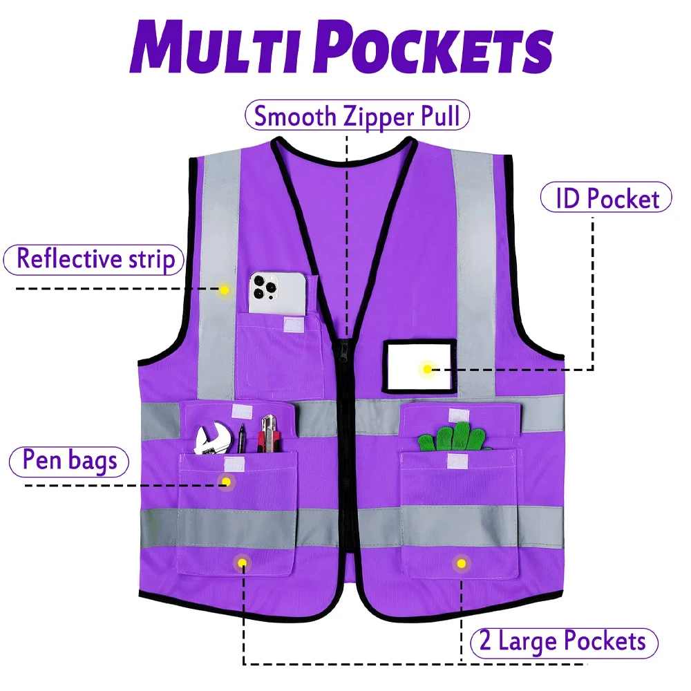 Purple Work Vest for Men Women Multi Pockets Construction Building Security-protection Working Clothes Hi Vis Workwear