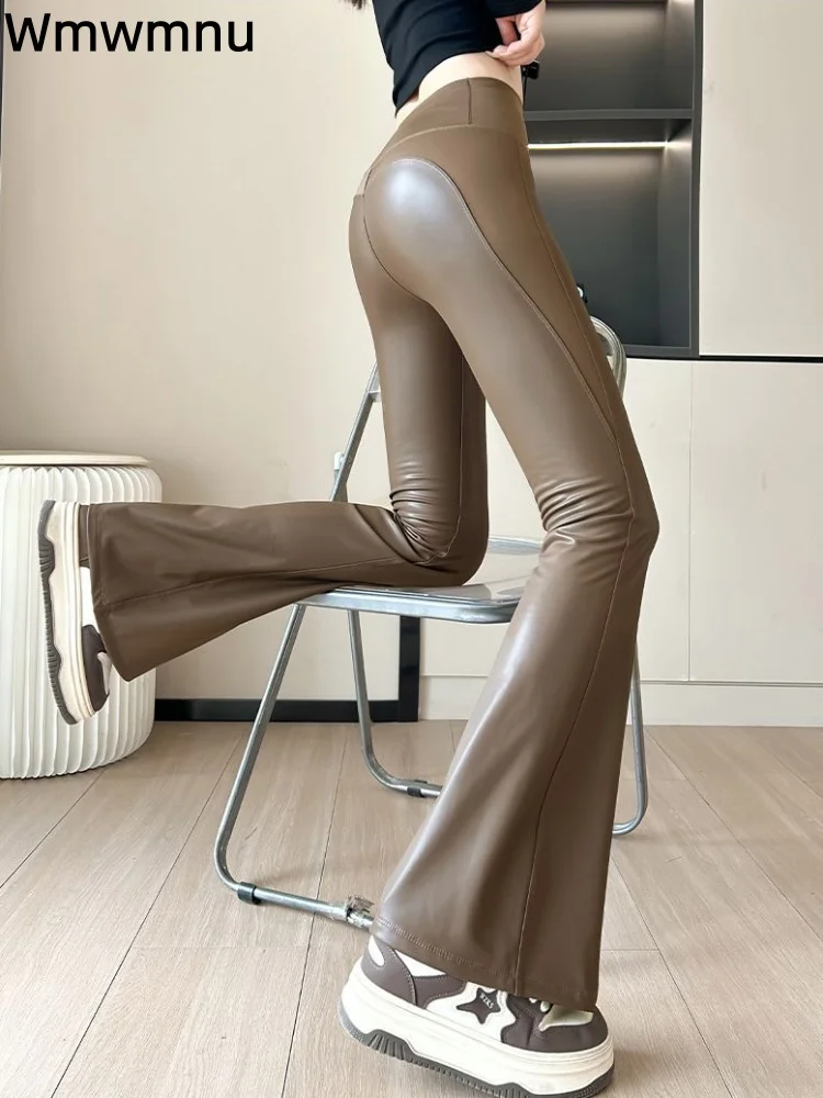 Spliced Thickened Bootcut Pants Women's Casual Fashion Wide Leg Pantalones Pu High Waisted Slim Straight Trousers Calcas