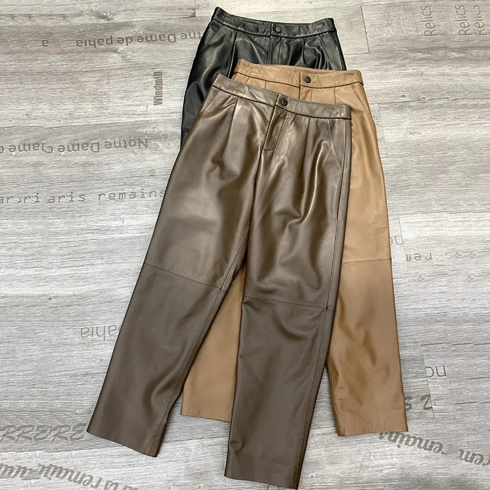 

Autumn Winter OL Ninth-Pants Chic Women's High Quality Designer Sheepskin Genuine Leather High-rise Pencil Pant C955