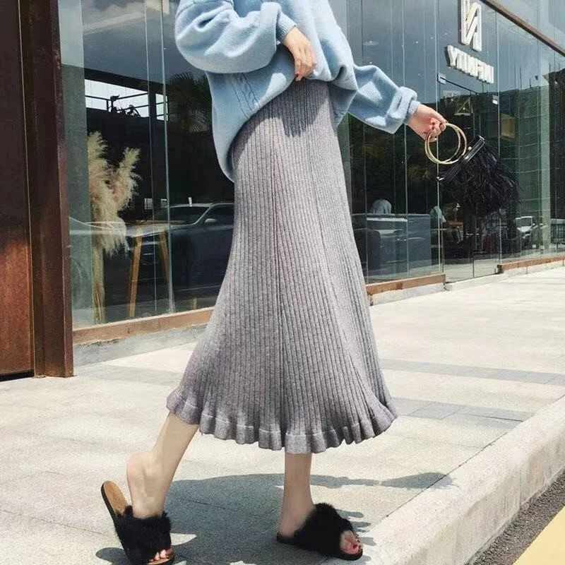

Autumn Winter Thi Knitted Midi Skirt Women's High Waist Pleated Maxi Skirt Korean Sle Cute Design Busin Casual