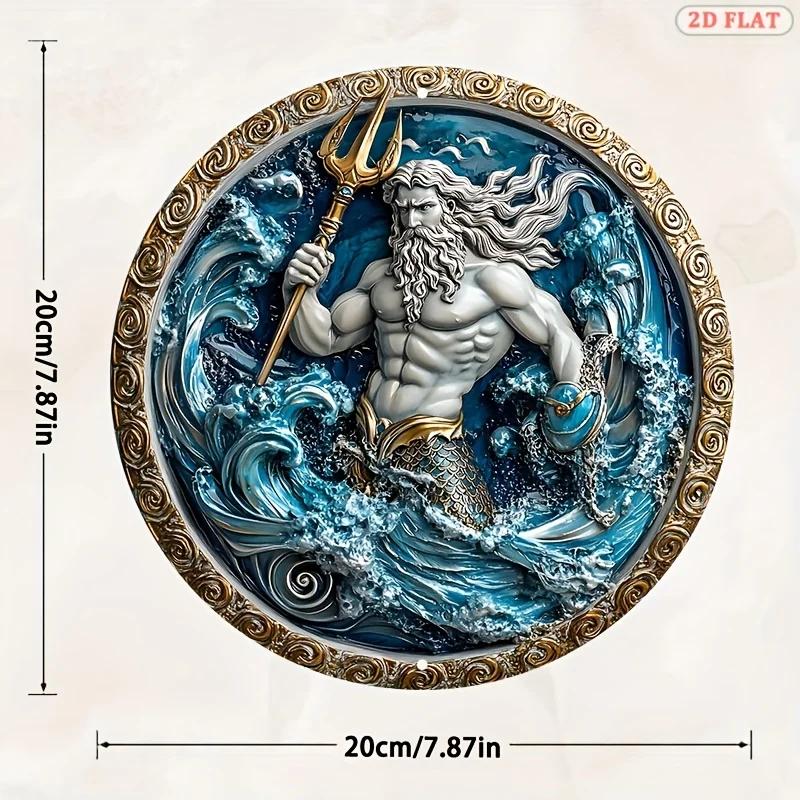[2D Flat] 1pc 2D Flat Printing Poseidon Aluminum Wall Art - 7.87x7.87 Inch Round Metal Sign, Retro Style, Blue & White Nautical