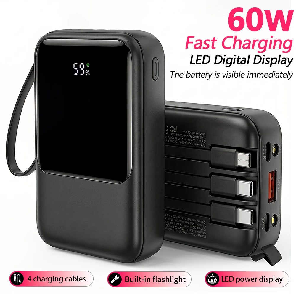 Cargador portátil de 10000 mAh con 4 cables integrados y linterna LED