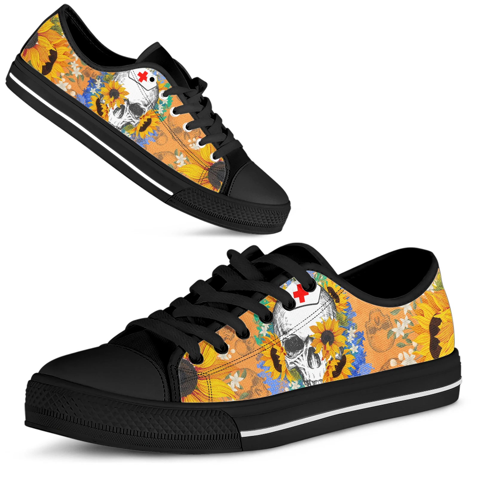 ELVISWORDS Nurse Skull Design Brand Sneakers Sunflower Skull Low Top Lace-Ups Floral Print Casual Sneakers Canvas Shoes Zapatos