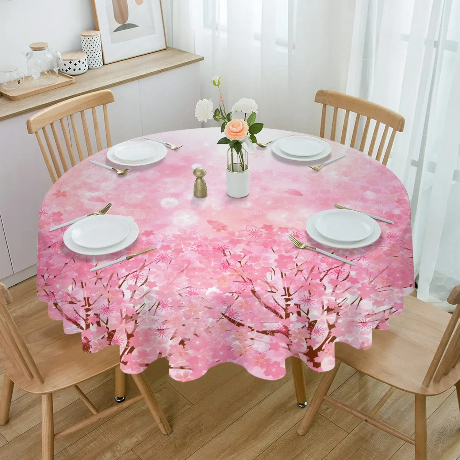 Japanese Style Cherry Blossoms Pink Flower Round Tablecloth Waterproof Table Cover Home Kitchen Table Cloth Table Decoration