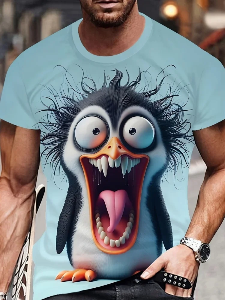 New Men Crazy Screaming Penguin Cartoon Graphic T-Shirt Funny Novelty Animal Casual Streetwear Short Sleeve Daily Novelty Tops