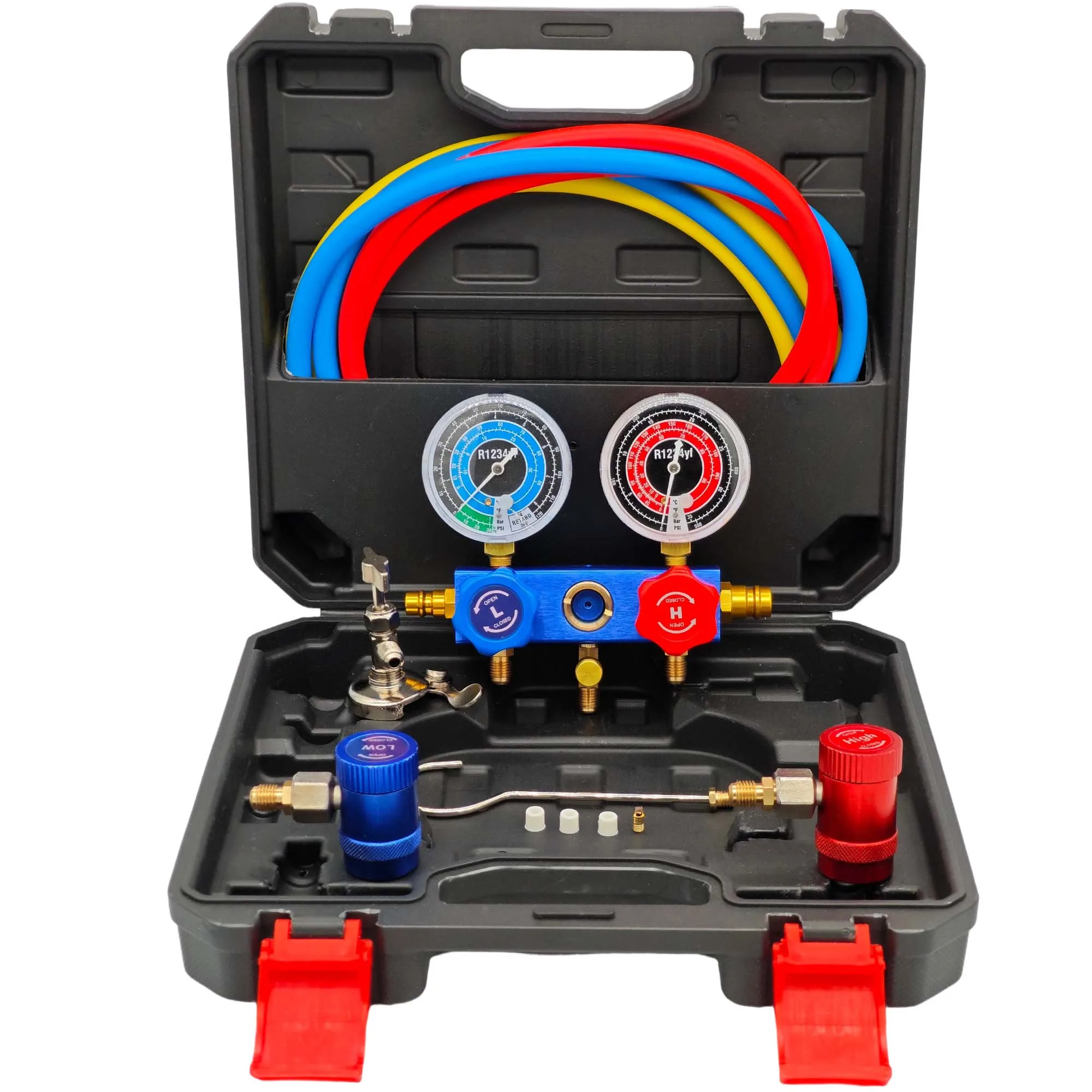 

R1234YF Набор манометров переменного тока, инструмент для зарядки автомобильного хладагента с двойными метрами и клапанами, чехол против падения