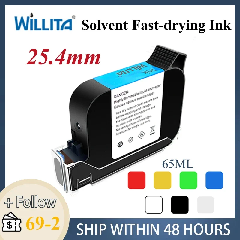

Willita 25,4 мм оригинальный быстросохнущий картридж на основе растворителя емкостью 65 мл для ручного струйного принтера без зашифрованного