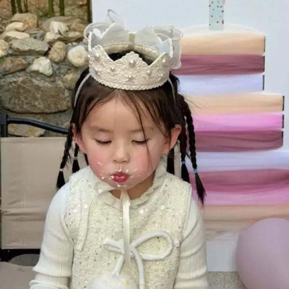 Princess Tiara Pearls Birthday Crown Lace Handmade White Party Hat Adjustable Elegant Girl Headpiece Toddler Birthday