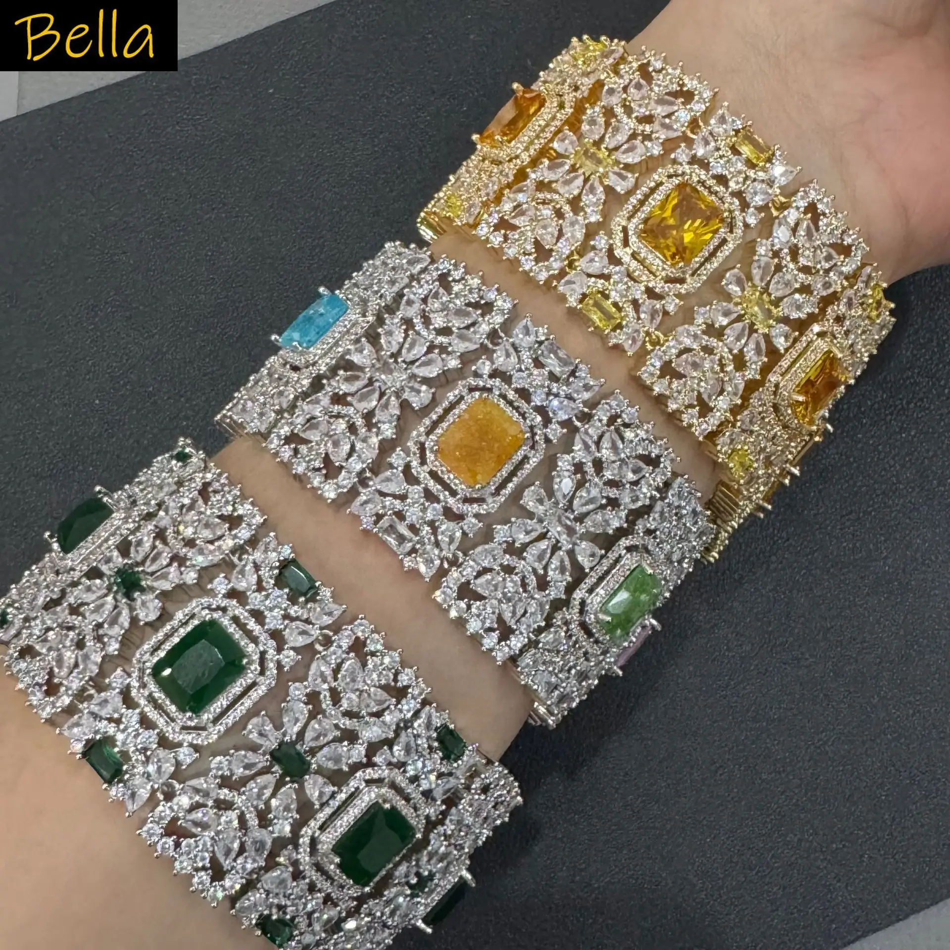 gorgeous cubic zirconia large bracelet for women wedding party gala event shiny jewelry silver gold color green yellow white