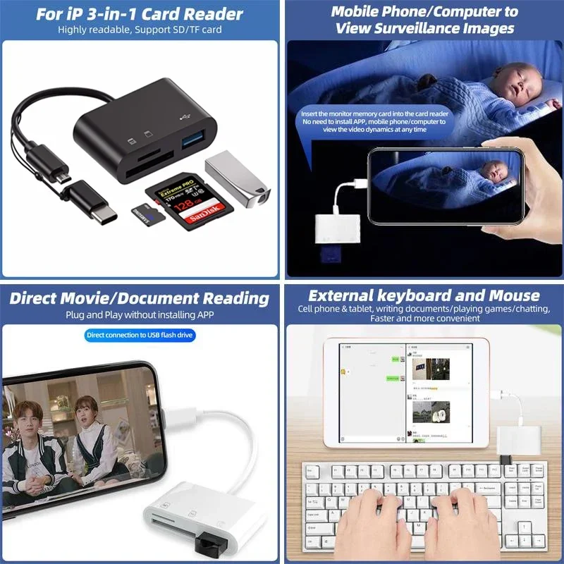 【Быстрая доставка】3IN1 USB Micro SD/TF Card Reader Type C/Micro USB To SD Card Reader OTG U Disk Reader Adapter HUB