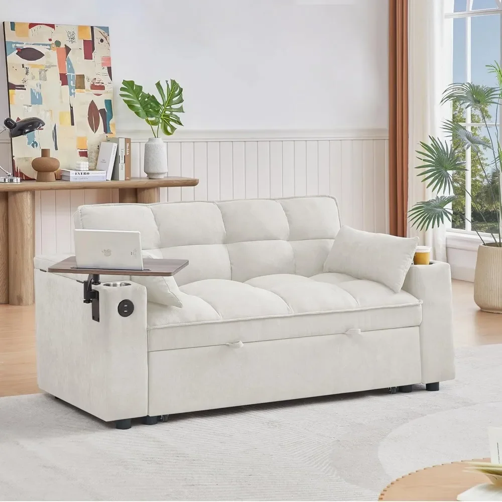 65''3-in-1 Convertible Sleeper Queen Sofa Modern Chenille Fabric Sofa Pullout Sofa 360 Degree Swivel Side Table,Easy to Assemble image 4
