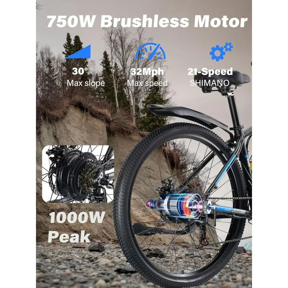 Electric Bike 750W Peak 1000W Ebike with 48V 17.5AH Battery 34MPH 65Miles Class 3  Mountain Electric Bicycle  freight free