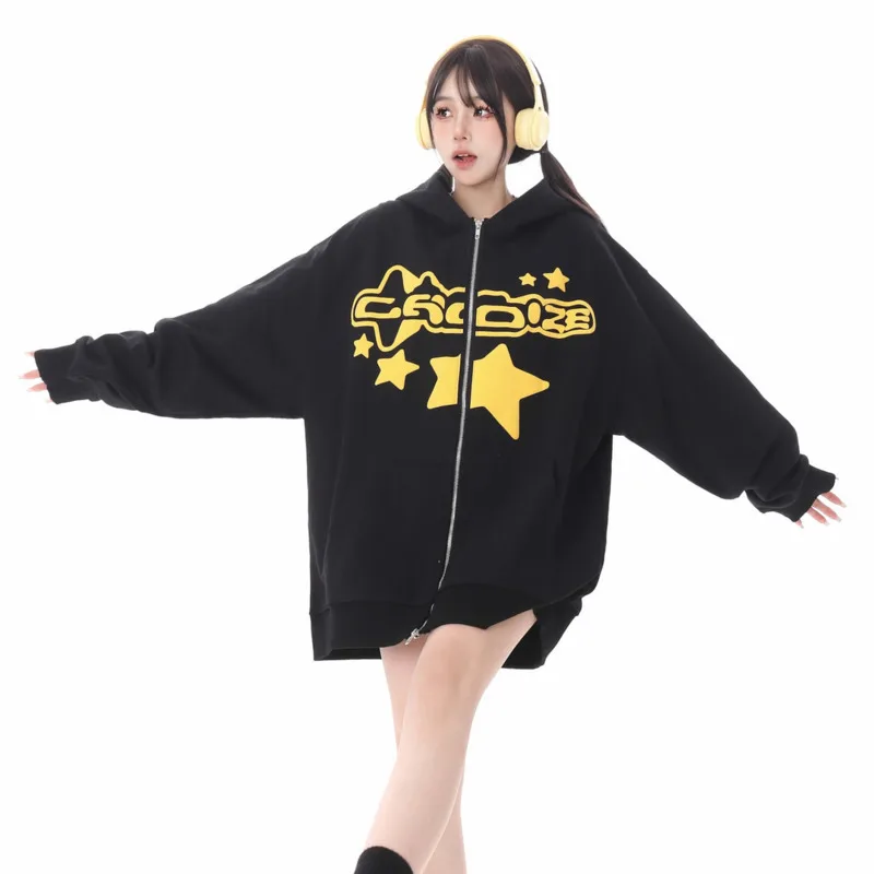 

2000s Aesthetic Star Letter Graphic Hoodie Hip Hop Fashion Hooded Cardigan Women's Fall Winter New Loose Oversize Sweater Couple