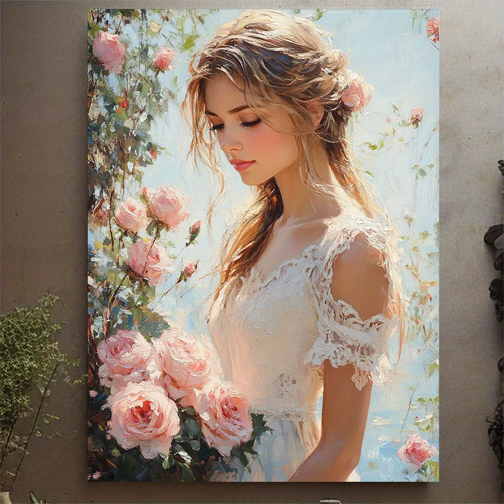 55X80CM 1pc Framed Canvas Wall Art - Romantic Woman with Roses Painting, Ethereal Floral Suitable for Living Room