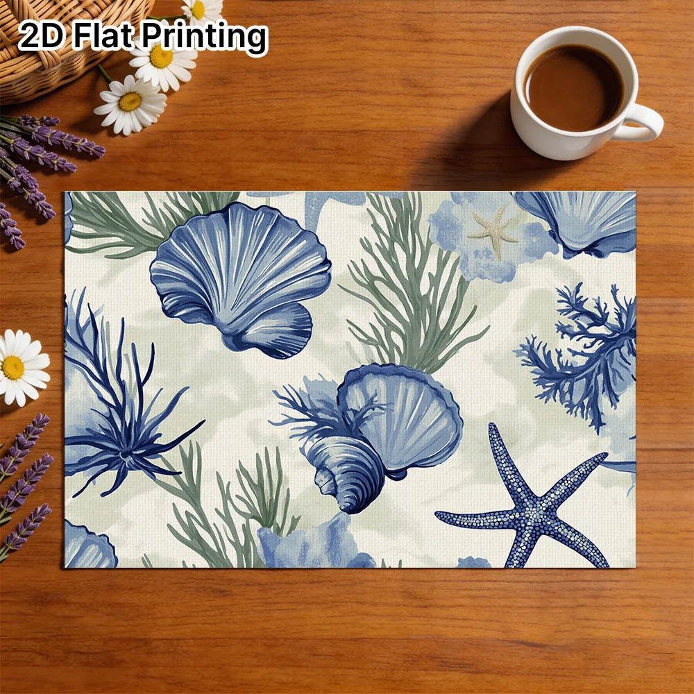 2D Flat Printing,Blue Seashells and Starfish Design, Rectangular Placemats, Exquisite Details, Long-Lasting Use