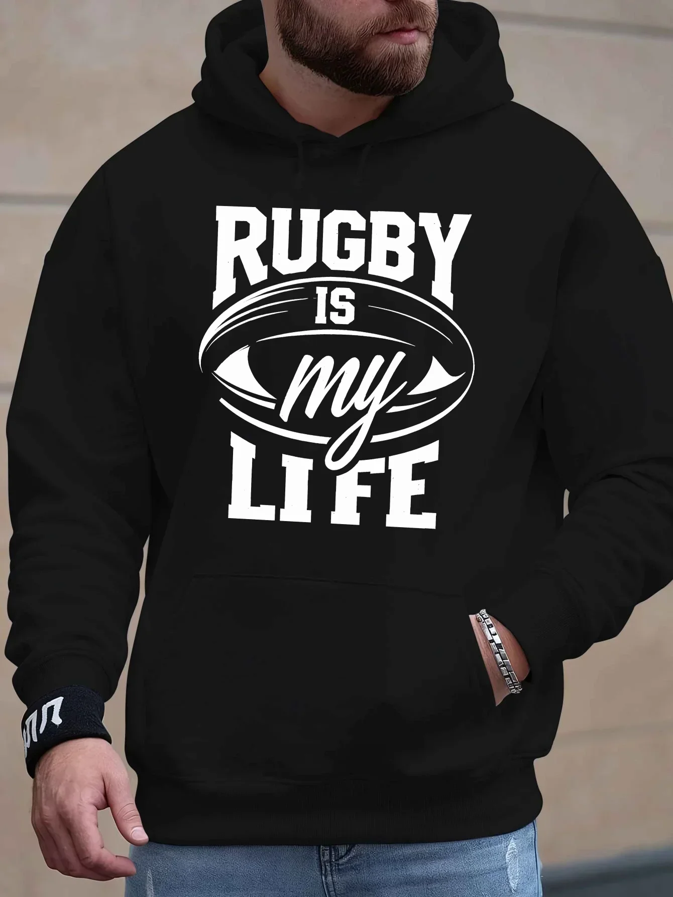 Rugby Is My Life Hoodie, Unisex Drawstring Hooded Sweatshirt Rugby Ball Graphic Sport Fan Casual Training Pullover