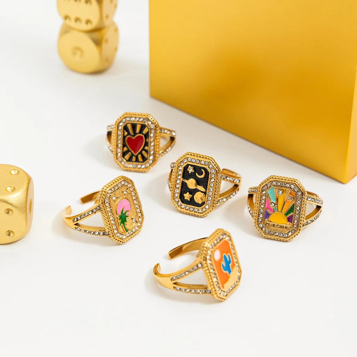 YHTOT Vintage Oil Drop Square Geometric Ring 18K Gold Color Plated Stainless Steel Tarot Card Stackable Ring Women's Jewelry Gif view 4